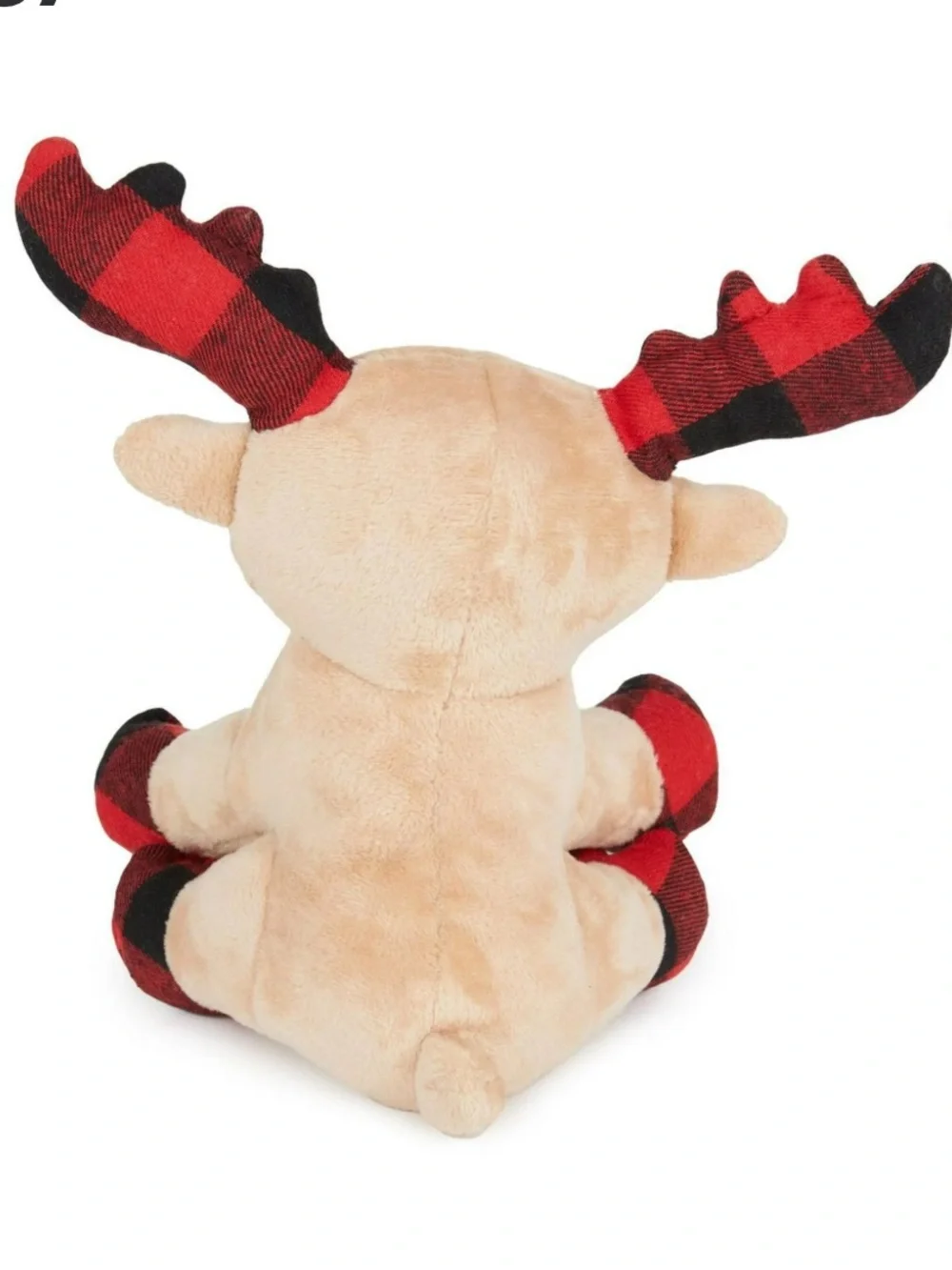 Plush Tan Moose Dog Toy with Red & Black Plaid Accents